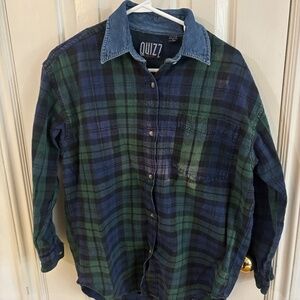 Vintage distressed thrifted plaid and denim button up shirt